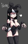  1girl animal_ears bare_hips bare_shoulders bbtan96 black_hair black_sleeves borrowed_character breasts bunny_ears bunny_tail cleavage highres large_breasts long_hair looking_at_viewer necktie noss_(rariatto) original playboy_bunny sidelocks tail thighhighs wavy_mouth 