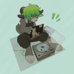  1:1 4_fingers anthro bottomwear bovid caprine clothing ear_piercing ear_ring fingers fur goat green_eyes green_hair grey_body grey_fur hair hi_res horn male mammal nule on_ground pants paws piercing record_player simple_background sitting smile solo topwear vinyl_record 