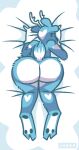  ambiguous_gender anthro antlers bed blue_body blue_fur butt cervid cervine fur furniture hooves horn lying mammal on_bed pillow pillow_hug presenting presenting_hindquarters raised_tail seo solo white_body white_fur 