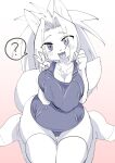  2019 ? anthro big_breasts blue_eyes blush breast_squish breasts canid canine clothed clothing female fist fox fur gesture gradient_background hair huge_breasts kemono kneeling legwear looking_at_viewer mammal monochrome nipple_outline one-piece_swimsuit open_mouth open_smile pawpads sharp_teeth simple_background smile solo spiky_hair squish stockings swimwear tanu-tan teeth tongue tongue_out v_sign white_body white_fur white_hair wide_hips 