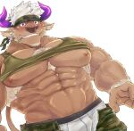  1boy abs animal_ears bara bare_pecs blush boxers brown_fur camouflage camouflage_headwear camouflage_pants chest_hair cow_ears cow_horns furry green_tank_top gumiten headband highres horns male_focus male_underwear minotaur mint muscular muscular_male nipples open_pants pants pectorals purple_eyes purple_horns shennong_(tokyo_houkago_summoners) shirt_lift short_hair smile solo tank_top tokyo_houkago_summoners underwear white_background white_hair white_male_underwear 