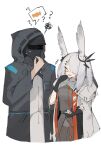  1girl 1other ? ambiguous_gender animal_ears arknights black_gloves black_jacket bunny_ears candy closed_eyes doctor_(arknights) food frostnova_(arknights) gloves hair_ornament highres hood hooded_jacket jacket laughing long_sleeves mask mikojin open_mouth sweat white_background white_hair white_jacket 