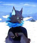  2019 black_body blue_eyes blue_nose canid canine canis clothed clothing colored_nails cyberzyd digital_media_(artwork) digital_painting_(artwork) forerst glowing glowing_eyes hi_res inner_ear_fluff male mammal nails painting_(artwork) piercing portrait sky snow snowing traditional_media_(artwork) tuft whiskers white_nails wolf 