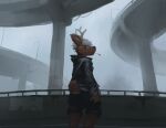  4_fingers anthro antlers bottomwear brown_body brown_fur butt_pose cervid cervine clothed clothing fingers fog fur hair hi_res highway horn jacket looking_at_viewer male mammal nule outside pose raised_tail rear_view solo standing topwear white_hair 
