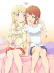  2girls ayase_arisa bed bedroom blonde_hair blue_eyes breasts brown_hair clover_hair_ornament commentary digital_media_player duplicate earphones eye_contact green_eyes hair_ornament hairclip happy heart indoors ipod kousaka_yukiho long_hair looking_at_another love_live! multiple_girls nib_pen_(medium) on_bed one_eye_closed open_mouth pillow shared_earphones shirt short_hair sitting sitting_on_bed skirt small_breasts smile takano_itsuki track_suit traditional_media yuri zipper 