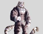  1boy absurdres animal_ears arknights bara black_tank_top bulge furry highres jacket male_focus mountain_(arknights) muscular muscular_male official_alternate_costume open_clothes open_jacket open_shirt pectorals scar scar_across_eye short_hair solo tank_top tatsuya_(tatsuyaart_d) tiger_boy tiger_ears tiger_stripes white_fur 