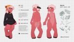  5_fingers absurd_res anthro beanie bell bell_collar bovid butt caprine clothing collar embarrassed english_text eyewear fingers freckles front_view fur glasses goat green_eyes hair hat headgear headwear hi_res hooves horn male mammal model_sheet nude nule nule_(character) pink_body pink_fur raised_tail rear_view red_body red_fur round_glasses smile solo standing sweater text topwear white_hair 
