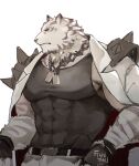  1boy animal_ears arknights bara black_tank_top chain_necklace covered_abs covered_navel dog_tags furry ketanbakar looking_to_the_side male_focus mountain_(arknights) muscular muscular_male pants pectorals short_hair solo tank_top tiger_boy tiger_ears tiger_stripes upper_body white_background white_fur white_pants 