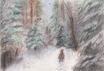  2021 ambiguous_gender anthro capreoline cervid cyberzyd evergreen_tree forest hooves horn landscape mammal moose pastel_(artwork) pine_tree plant snow snowing traditional_media_(artwork) tree walking 