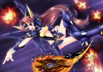  1girl :o boots breasts center_opening cleavage clenched_hand explosion flying highres huckebein knee_boots long_hair low-tied_long_hair madai_taipe mecha_musume navel open_mouth personification pointing pointing_down purple_eyes red_hair small_breasts solo space super_robot_wars super_robot_wars_original_generation very_long_hair 