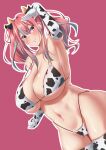  1girl absurdres alternate_costume animal_ears animal_print azur_lane breasts bremerton_(azur_lane) cow_ears cow_girl cow_horns cow_print dutch_angle elbow_gloves eyebrows_visible_through_hair gloves grey_hair hair_ornament highres horns huge_breasts long_hair multicolored_hair nanohana_(november.) navel_piercing o-ring o-ring_bikini piercing pink_eyes pink_hair skindentation solo string_bikini thighhighs two-tone_hair x_hair_ornament 