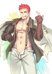  1boy :q abs alternate_costume bandages bara bare_pecs beckoning black_jacket blue_eyes bulge feet_out_of_frame fingerless_gloves gloves groin heterochromia jacket jacket_on_shoulders male_focus muscular muscular_male navel nipples open_pants pants pectorals pollux_(tokyo_houkago_summoners) red_hair short_hair solo stomach thick_thighs thighs tokyo_houkago_summoners tongue tongue_out waku_(ayamix) white_pants yellow_eyes 