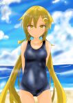  1girl arms_behind_back ass_visible_through_thighs beach blonde_hair blue_sky blue_swimsuit breasts cloud collarbone covered_navel cowboy_shot crescent crescent_hair_ornament day etsuransha_no_rei eyebrows_visible_through_hair hair_between_eyes hair_ornament highres kantai_collection long_hair looking_at_viewer low_twintails lying ocean old_school_swimsuit one-piece_swimsuit outdoors sand satsuki_(kantai_collection) school_swimsuit sky small_breasts solo swimsuit thighs twintails 