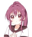  1girl :o ahoge bangs blush collarbone commentary eyebrows_visible_through_hair hair_between_eyes hands_on_own_chest hands_together hands_up highres long_hair looking_at_viewer mesushio nanamori_school_uniform ponytail purple_eyes purple_hair school_uniform shirt simple_background solo sugiura_ayano upper_body white_background white_shirt yuru_yuri 