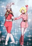  1boy 1girl absurdres arm_up blonde_hair blue_background boots brother_and_sister char_aznable dancing gloves gundam helmet highres jacket knee_boots medium_hair mobile_suit_gundam pants parted_lips pink_jacket red_footwear red_jacket red_pants sayla_mass shiny shiny_hair short_hair siblings sketch sparkle teikoku_jokyoku white_footwear white_gloves white_pants 