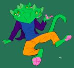  2020 3_heads anthro blue_clothing blue_shirt blue_topwear clothed clothing domestic_cat felid feline felis fur green_background green_body green_fur khaki_pants kobi_lacroix looking_at_viewer male mammal multi_head open_clothing open_shirt open_topwear pawpads pink_nose pink_pawpads purple_clothing purple_topwear shirt simple_background sitting smile solo topwear yellow_eyes 