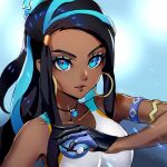  1girl armlet artist_name black_hair blue_eyes blue_hair collarbone commentary dark_skin dark_skinned_female datcravat dive_ball earrings gloves green_eyeshadow gym_leader hair_bun hand_up highres holding holding_poke_ball hoop_earrings jewelry long_hair makeup multicolored_hair necklace nessa_(pokemon) poke_ball pokemon pokemon_(game) pokemon_swsh solo two-tone_hair 