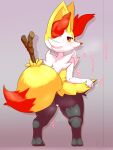  1girl alacarte animal_ear_fluff animal_ears animal_nose anus ass black_fur blush body_fur braixen censored closed_mouth commentary_request fox_ears fox_girl fox_tail from_behind full_body furry gen_6_pokemon glint gradient gradient_background grey_background half-closed_eyes happy heart heart_censor highres lifted_by_self looking_back motion_lines pokemon pokemon_(creature) presenting pussy pussy_juice red_eyes simple_background smile snout solo spoken_heart standing steaming_body stick sweat tail thick_thighs thighs translation_request white_fur yellow_fur 