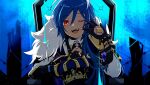  +_+ 1boy ;d abstract_background arm_up backlighting black_gloves blue_hair blue_theme cape commentary crown dark_skin dark_skinned_male derivative_work fangs fingerless_gloves formal fur-trimmed_cape fur_trim genshin_impact gloves holding_crown kaeya_(genshin_impact) king_(vocaloid) long_hair male_focus one_eye_closed open_mouth parody ponytail red_eyes sidelocks sitting smile solo symbol-shaped_pupils teaszlt thrown tongue upper_body upper_teeth 
