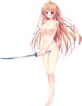  1girl artist_request bangs barefoot blonde_hair blue_eyes blush breasts censored completely_nude copyright_request eyebrows_visible_through_hair folded_hair full_body hair_ornament highres holding holding_sword holding_weapon katana large_breasts long_hair looking_at_viewer mosaic_censoring navel nipples nude pussy shiny shiny_skin smile solo sword transparent_background two-handed weapon 