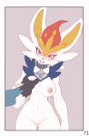  absurd_res anthro arm_spikes blush border breasts buckteeth cinderace collar crombie duo english_text female first_person_view genitals grope groping_breasts guided_breast_grab hand_on_breast hi_res looking_at_viewer lucario male male/female nintendo nipples pok&eacute;mon pok&eacute;mon_(species) pussy spikes spikes_(anatomy) teeth text video_games white_border 