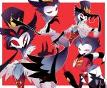  4_eyes anthro avian bird blitzo_(vivzmind) border clothed clothing demon duo feathers gesture hat headgear headwear helluva_boss imp male male/male middle_finger multi_eye owl red_background red_eyes simple_background solo stolas_(vivzmind) tail_feathers white_border 