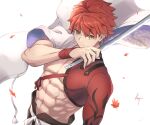  1boy abs bare_pecs cape emiya_shirou fate/grand_order fate_(series) igote japanese_clothes katana knt_(pixiv52732968) male_focus orange_hair sengo_muramasa_(fate) solo sword weapon white_cape wristband yellow_eyes 