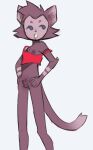  absurd_res anthro circle_eyebrows clothed clothing crotch_tuft domestic_cat eyebrows felid feline felis fur hands_on_hips hi_res male mammal mauve_(sunnyhoneybone) partially_clothed purple_body purple_fur reference_image shirt solo standing sunnyhoneybone tank_top topwear tuft 