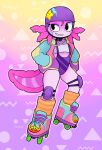  absurd_res amphibian amphibian_humanoid animal_humanoid anthro axolotl breasts clothed clothing female hi_res humanoid inline_skates lotte_(metapuns) metapuns mole_salamander peace_symbol pink_body salamander_(amphibian) skimpy solo tagme under_boob 