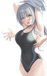  1girl armpits arms_up bangs blunt_bangs breasts cleavage collarbone commentary_request competition_swimsuit covered_navel disembodied_limb eyebrows_visible_through_hair eyes_visible_through_hair green_eyes highres kashiwagi_saki kibihimi large_breasts long_hair one-piece_swimsuit ongeki open_mouth silver_hair simple_background solo_focus swimsuit thighs undressing white_background 