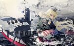  1girl :o american_flag_legwear anno88888 bangs belt blonde_hair blue_eyes blush breasts cleavage cup disposable_cup eyebrows_visible_through_hair fur-trimmed_jacket fur_trim gloves headgear highres holding holding_cup iowa_(kantai_collection) jacket kantai_collection long_hair long_sleeves open_mouth outdoors rigging rudder_footwear skirt smoke solo squatting star-shaped_pupils star_(symbol) steam symbol-shaped_pupils thighhighs water yellow_pupils 