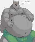  2021 anthro belly black_nose blush bottomwear bulge canid canine canis clothing english_text fur grey_body grey_fur hi_res male mammal moobs nipples obese obese_anthro obese_male overweight overweight_anthro overweight_male shorts solo text vitashi wolf 