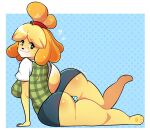  &lt;3 animal_crossing anthro bottomwear breasts butt canid canine canis clothed clothing crossing domestic_dog female flushed full-length_portrait gaming hi_res horsecat isabelle isabellefanart mammal nintendo nintendoswitch paws pinup portrait pose raised_bottomwear raised_clothing raised_skirt rear_view skirt slightly_chubby smugface solo video_games 