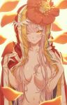  1girl bangs bare_shoulders blush breasts cloak fate/grand_order fate_(series) highres hong large_breasts long_hair looking_at_viewer medb_(fate)_(all) medb_(fate/grand_order) naked_cloak petals pink_hair red_cloak tiara yellow_eyes 