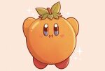  :i arms_up blue_eyes blush blush_stickers closed_mouth commentary english_commentary evergreenqveen food food_focus fruit full_body jpeg_artifacts kirby kirby_(series) looking_at_viewer no_humans orange pink_background shiny simple_background solo sparkle straight-on 