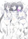  3girls animal_print bangs bell bell_collar bikini black_hair breast_press breasts cleavage collar cow_horns cow_print cowbell curvy highres horns large_breasts long_hair looking_at_viewer luse_maonang multiple_girls navel nervous_smile open_mouth original partially_colored purple_hair sandwiched sketch small_breasts swimsuit thick_thighs thighhighs thighs v yuuki_mama yuuki_nanase 