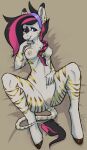  anthro breasts clitoris clothing equid equine female genitals gold_stripes hasbro headgear headwear intox looking_aside lying mammal my_little_pony nude on_back pussy solo stripes unguligrade_anthro zebra zelica 