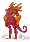  2021 abs anthro big_breasts blue_eyes breasts city cityscape conditional_dnp featureless_breasts featureless_crotch female jollyjack kaiju muscular_arms muscular_thighs orange_body red_body restricted_palette skyscraper solo 