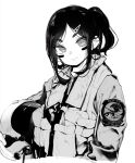  1girl closed_mouth facepaint greyscale head_tilt headwear_removed helmet helmet_removed highres holding holding_helmet jacket looking_at_viewer military military_jacket military_uniform mochi_(circle_rin) monochrome original pilot_helmet pilot_suit ponytail simple_background smile solo uniform upper_body white_background 