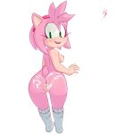  2020 5_fingers amy_rose anthro anus bent_over blush bodily_fluids breasts butt clothing cum cum_on_butt eulipotyphlan female fingers footwear genital_fluids genitals green_eyes hedgehog hexanne hi_res legwear looking_at_viewer looking_back mammal mostly_nude nipples open_mouth open_smile presenting pussy simple_background smile socks solo sonic_the_hedgehog_(series) standing teeth white_background 