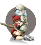  1boy 1girl aa-2153 baseball_cap blue_eyes blue_hair brown_eyes brown_hair child closed_mouth dusa erythroblast_(hataraku_saibou) grey-framed_eyewear hat hataraku_saibou hataraku_saibou_black kneeling medium_hair myelocyte_(hataraku_saibou) pom_pom_(clothes) red_headwear red_shirt red_shorts scared semi-rimless_eyewear shirt shorts u-1196 under-rim_eyewear white_headwear white_shirt younger 