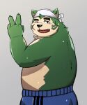  2021 anthro bandanna belly canid canine canis clothed clothing domestic_dog fur green_body green_fur hi_res kemono kerchief live-a-hero male mammal mokdai one_eye_closed overweight overweight_male re_jin37 topless wink 
