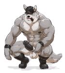  abs anthro balls biceps big_muscles bodily_fluids canid canine canis cigar clothing crouching digital_drawing_(artwork) digital_media_(artwork) erection full-length_portrait fur genital_fluids genitals grisser hat headgear headwear hi_res humanoid_genitalia humanoid_penis looking_at_viewer male mammal muscular muscular_anthro muscular_male nipples open_mouth pecs penis portrait precum shaded simple_background slav_squat smoke smoking solo tongue wolf 