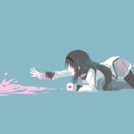  1girl akemi_homura all_fours black_hair black_hairband black_legwear clenched_hand crawling faceless faceless_female facing_away from_side grey_skirt hairband highres jinrou limited_palette liquid long_hair long_sleeves mahou_shoujo_madoka_magica mahou_shoujo_madoka_magica_movie minimalism muted_color no_eyes open_mouth outstretched_hand pantyhose profile reaching skirt solo soul_gem splatter stained_clothes straight_hair 
