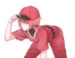 1girl baseball_cap baseball_uniform closed_mouth commentary expressionless eyebrows_visible_through_hair feet_out_of_frame hand_on_headwear hat highres jersey koito_yuu leaning_forward pants red_hair red_headwear red_pants red_shirt shirt short_sleeves short_twintails simple_background solo sportswear spotlight_l sweat twintails white_background yagate_kimi_ni_naru yellow_eyes 