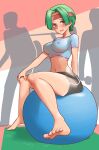  1girl ball bangs barefoot bodypaint breasts exercise_ball feet green_hair headband highres medium_breasts naked_paint navel nervous nipples nude original painted_clothes parted_bangs pompmaker1 red_eyes short_hair sitting_on_ball soles solo_focus toes 