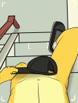  3:4 anthro baseball_cap camera_view clothing covering covering_crotch faceless_male footwear footwear_only fuze fuzeyeen hat headgear headwear hi_res hyaenid male mammal mostly_nude navel shoes shoes_only sitting socks solo spotted_hyena stairs 
