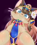  1girl :3 alacarte animal_ears animal_nose arm_behind_back armlet ass_visible_through_thighs bangs bare_shoulders bastet_(cat_busters) blonde_hair blue_eyes blue_eyeshadow blush body_fur bracelet brown_fur cameltoe cat_busters cat_ears cat_girl circlet closed_mouth commentary_request cowboy_shot eyeshadow flat_chest flower furry gem gold gradient_hair hair_flower hair_ornament happy head_tilt highres jewelry looking_at_viewer lotus makeup multicolored_hair outline pelvic_curtain pink_outline purple_background sidelocks simple_background smile solo spread_legs standing steaming_body sweat tabard textless thighs whiskers white_flower 