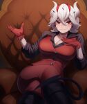  absurdres beelzebub_(helltaker) black_shirt boots breasts chair cleavage crossed_legs demon_girl demon_tail earrings gloves helltaker highres horns jdw jewelry knee_boots large_breasts looking_at_viewer pants red_eyes red_gloves red_pants red_vest shirt tail vest white_hair 