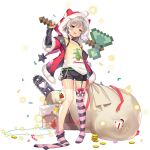  1girl :3 ahoge axe bangs black_shorts blue_oath chainsaw chimney christmas confetti full_body fur-trimmed_jacket fur_trim garter_straps highres hoel_(blue_oath) holding holding_axe holding_weapon hood hood_up jacket long_hair official_art over_shoulder sack shirt shorts silver_hair solo standing star_(symbol) striped striped_legwear t-shirt tan tanline thighhighs thighhighs_pull tongue torn_sack transparent_background weapon weapon_over_shoulder yellow_eyes 